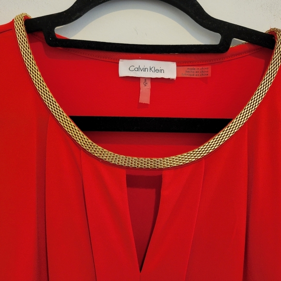 2/$18 Calvin Klein Orange Red Gold Chainlink Pleated Loose Stretchy Top S - Picture 3 of 7